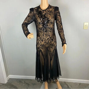 Womens Small/Medium Black Sheer Dress Lace Sequin Midi Length Long Sleeve NO TAG